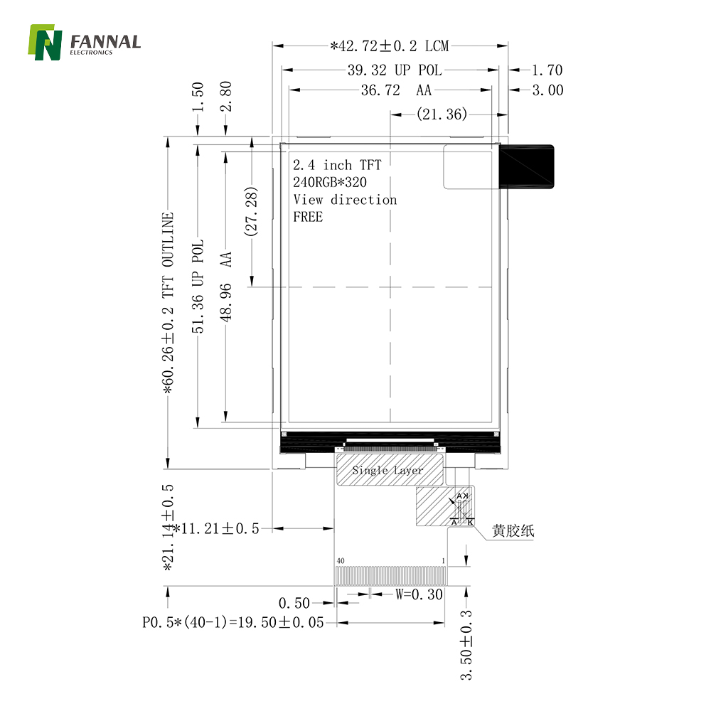 2.4-inch Industrial TFT LCD,240x320,550cd/m2,MCU&RGB