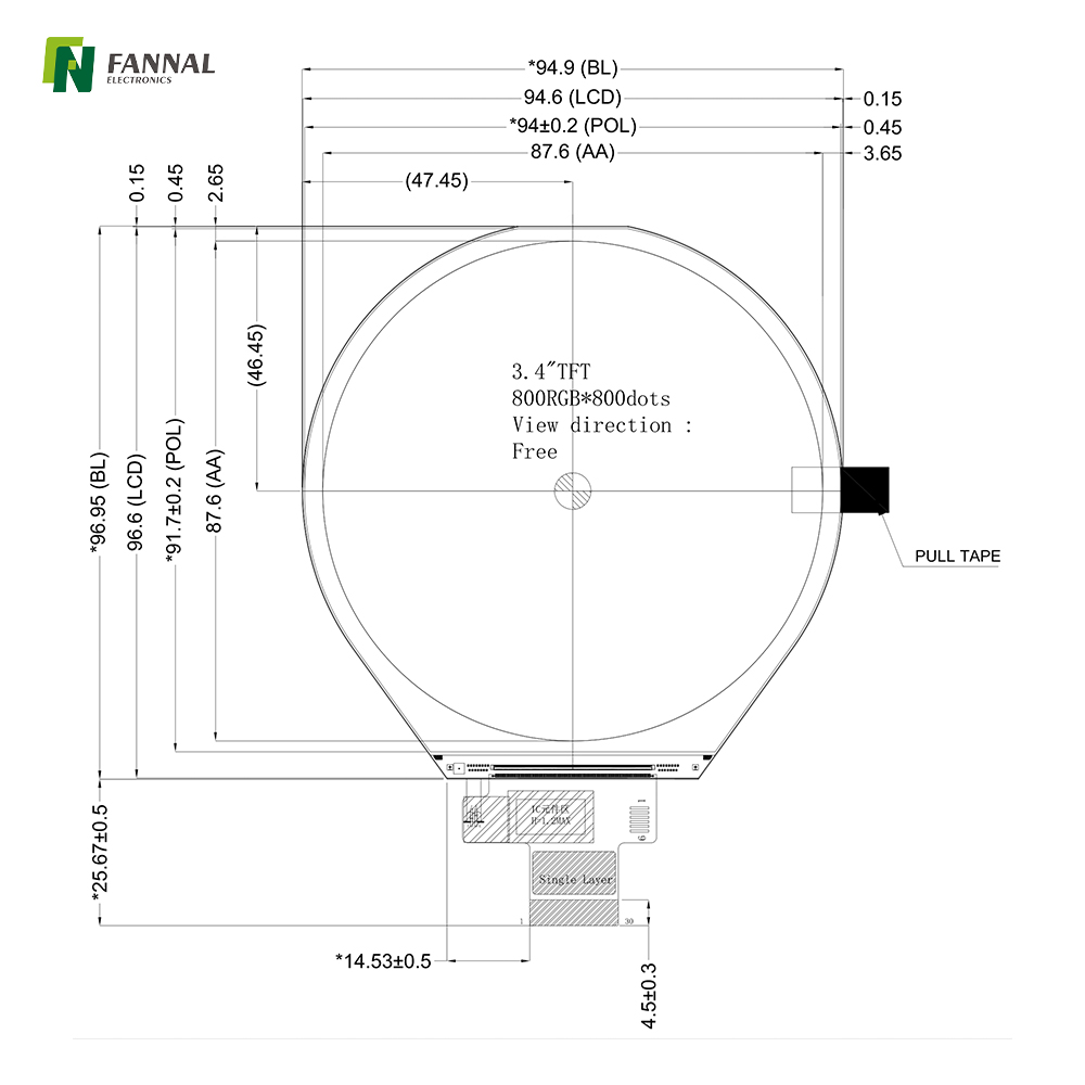 3.4-inch Industrial TFT LCD,800x800,350cd/m2, MIPI 30