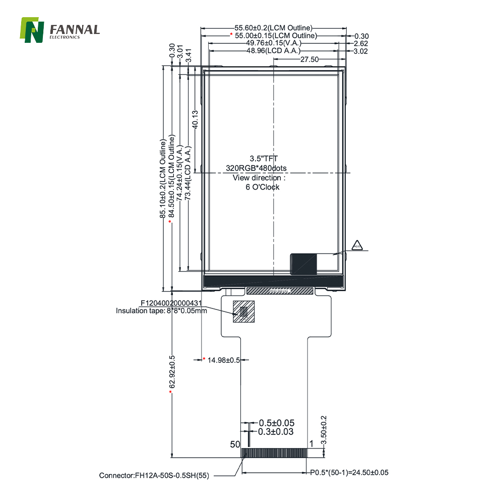 3.5-inch Industrial TFT LCD,320x480,380cd/m2, MCU/SPI 50