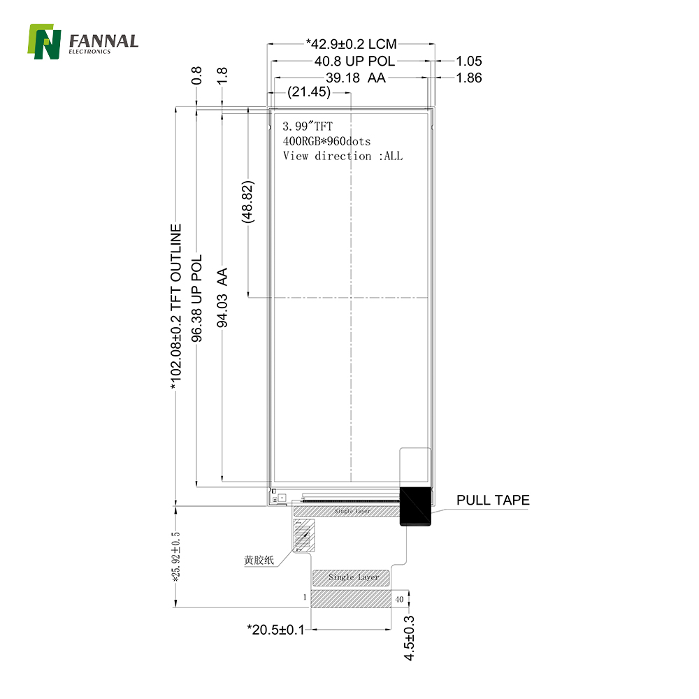 3.99-inch Industrial TFT LCD,480x960,350cd/m2,RGB/SPI 40