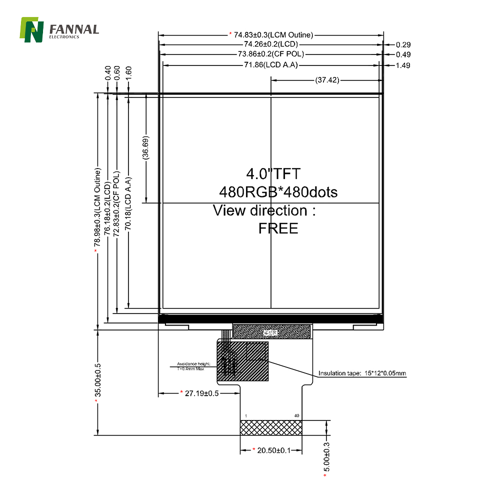 4-inch Industrial TFT LCD,480x480,400cd/m2,RGB 40