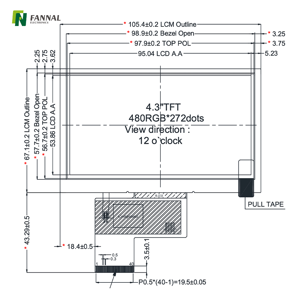 4.3-inch Industrial TFT LCD,480x272,300cd/m2, 40PIN RGB