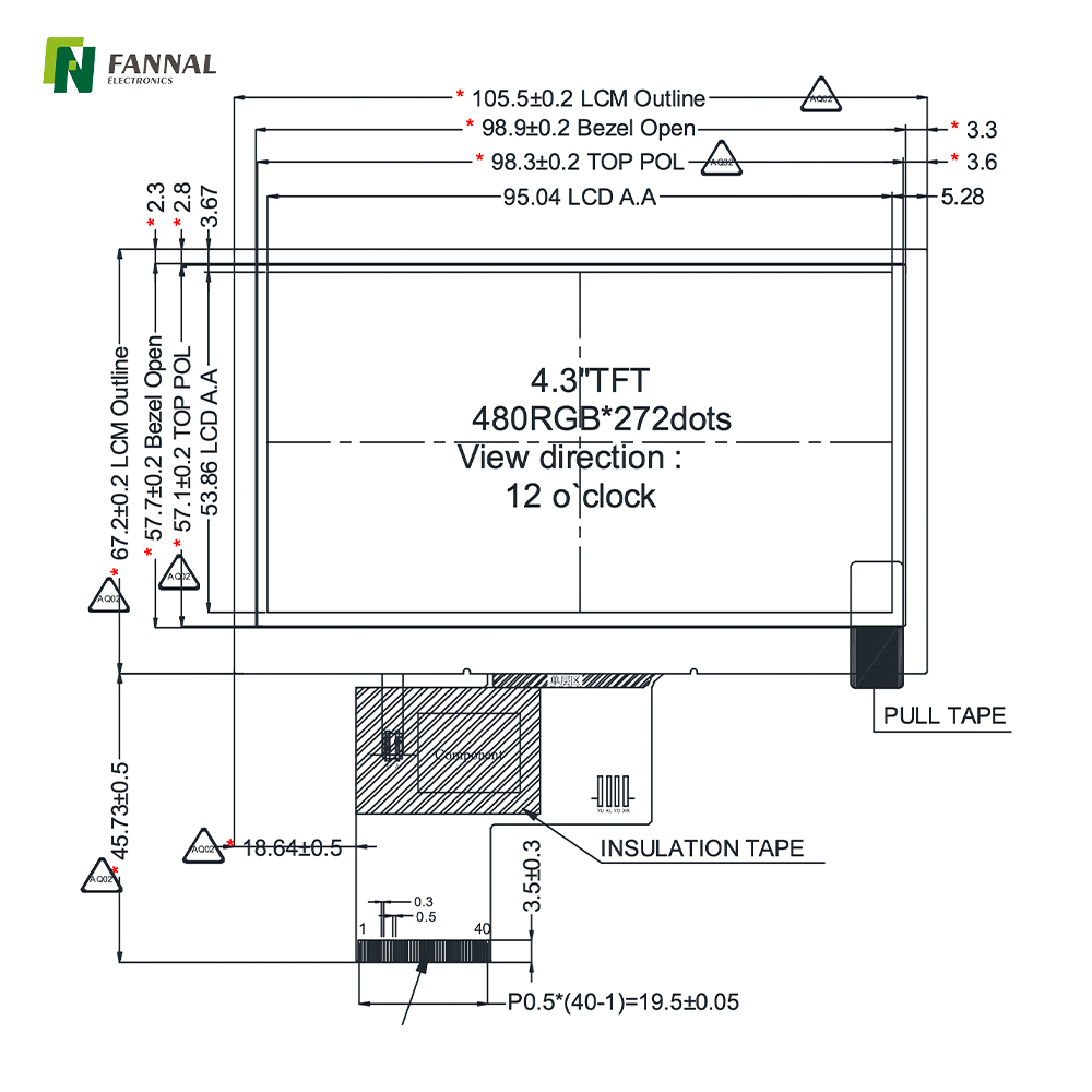 4.3-inch Industrial TFT LCD,480x272,450cd/m2, 40PIN RGB