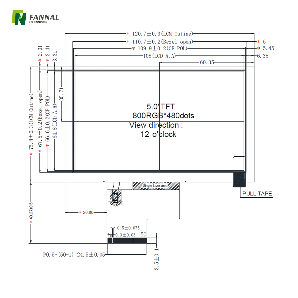 5.0-inch Industrial TFT LCD,800x480,450cd/m2,RGB 50