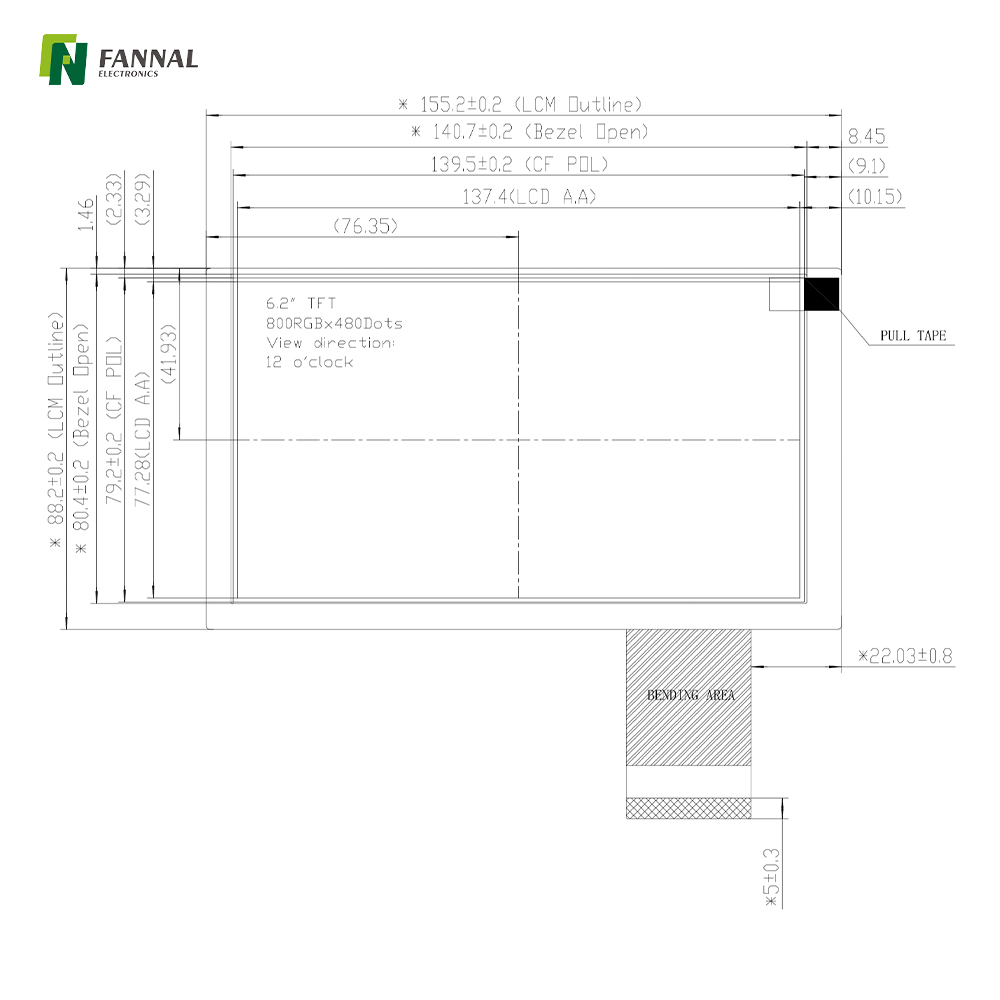 6.2-inch Industrial TFT LCD,800x480,550cd/m2,60PIN RGB