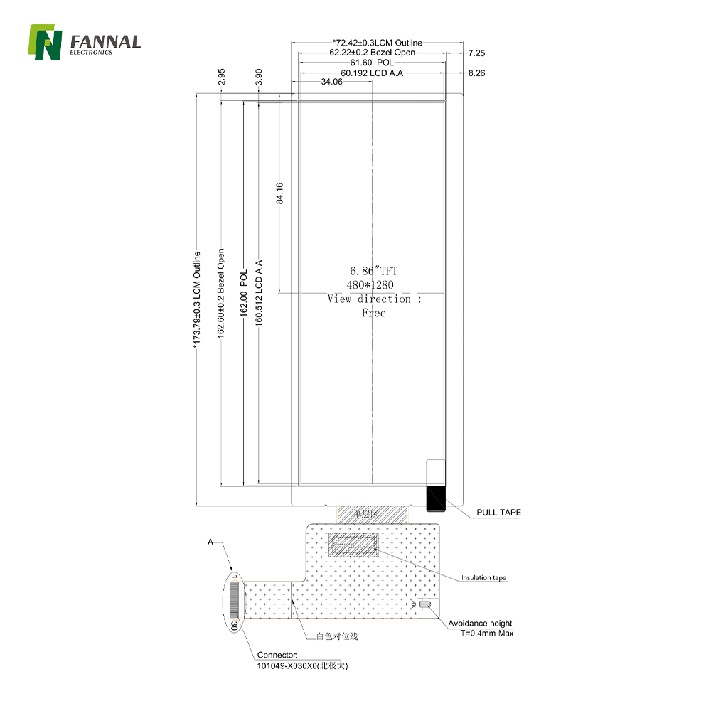6.86-inch Industrial TFT LCD,480x1280,1000cd/m2,30PIN MIPI