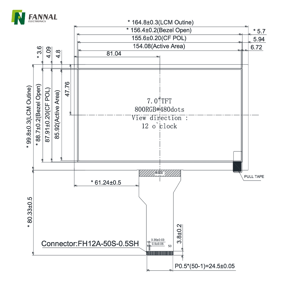 7.0-inch Industrial TFT LCD,800x480,270cd/m2,RGB 50