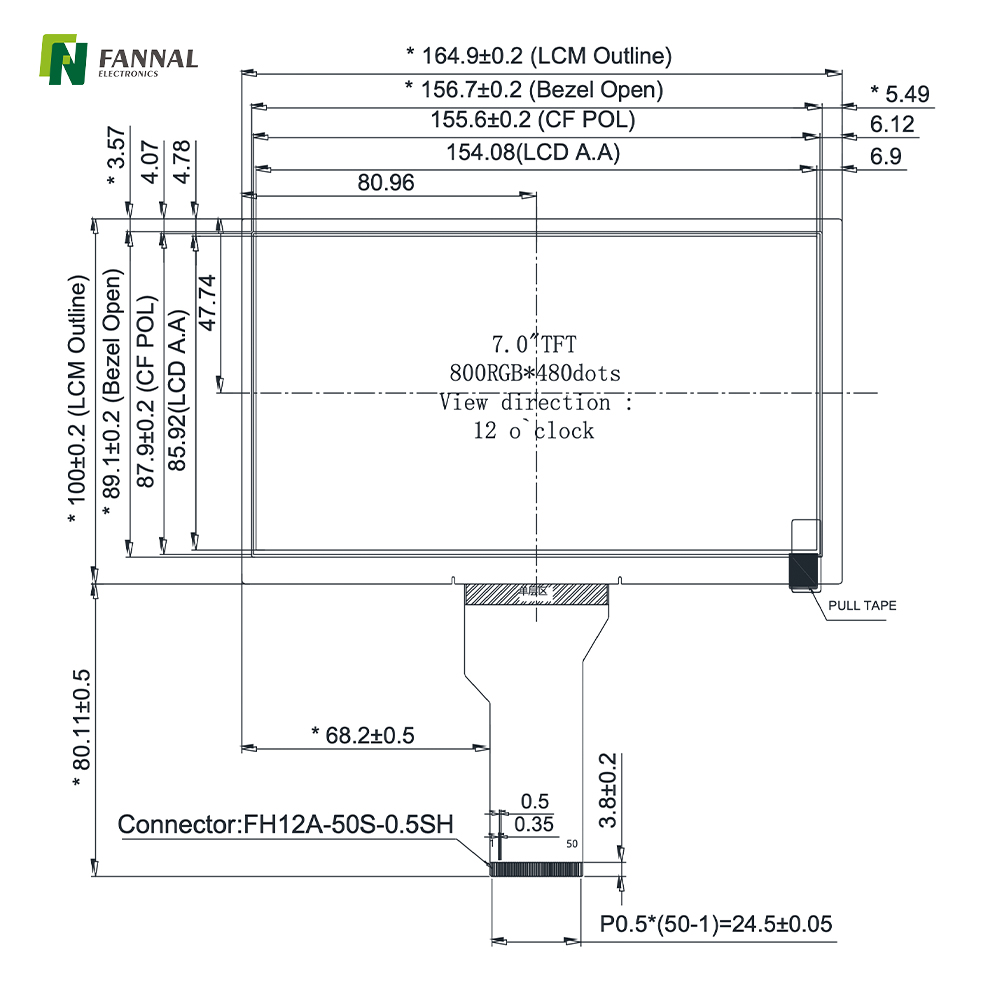7-inch Industrial TFT LCD, 800x480, High Brightness , 700cd/m2, 50PINS RGB