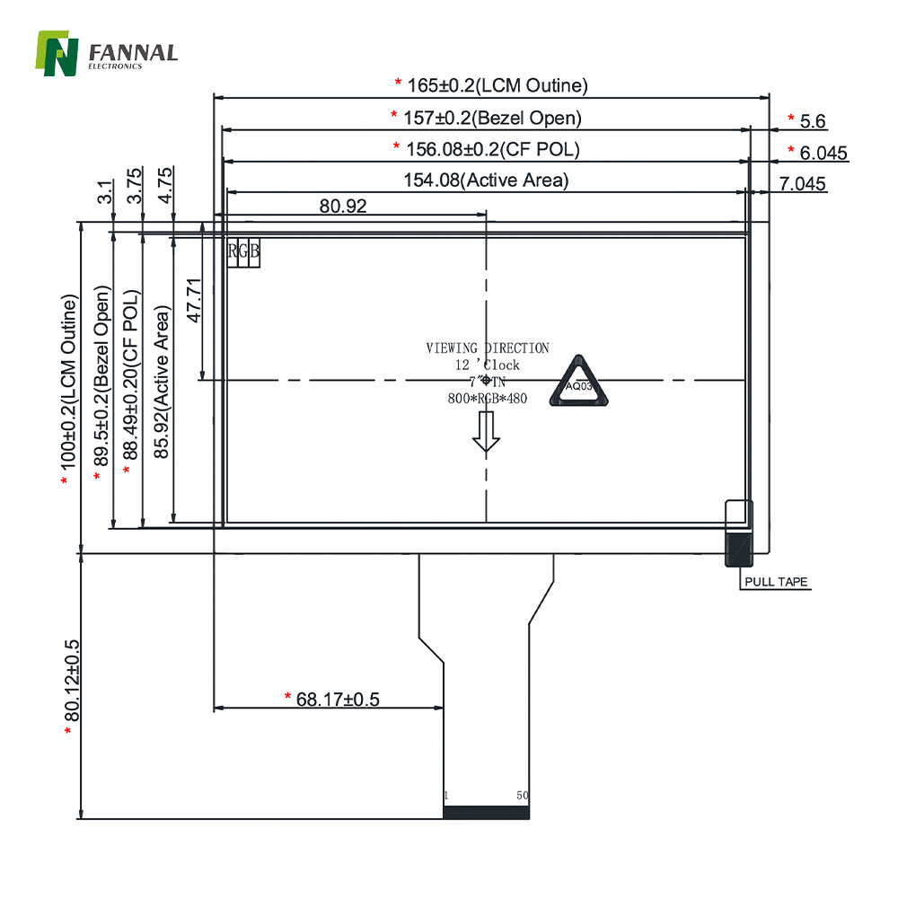 7-inch Industrial TFT LCD,800x480,TN,250cd/m2, 50PINS RGB