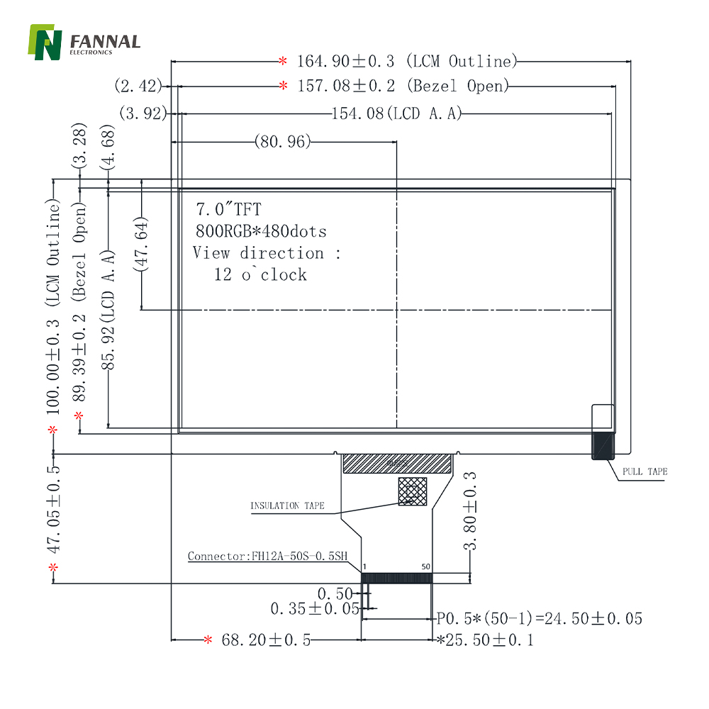 7-inch Industrial TFT LCD,800x480,TN,400cd/m2, 50PINS RGB