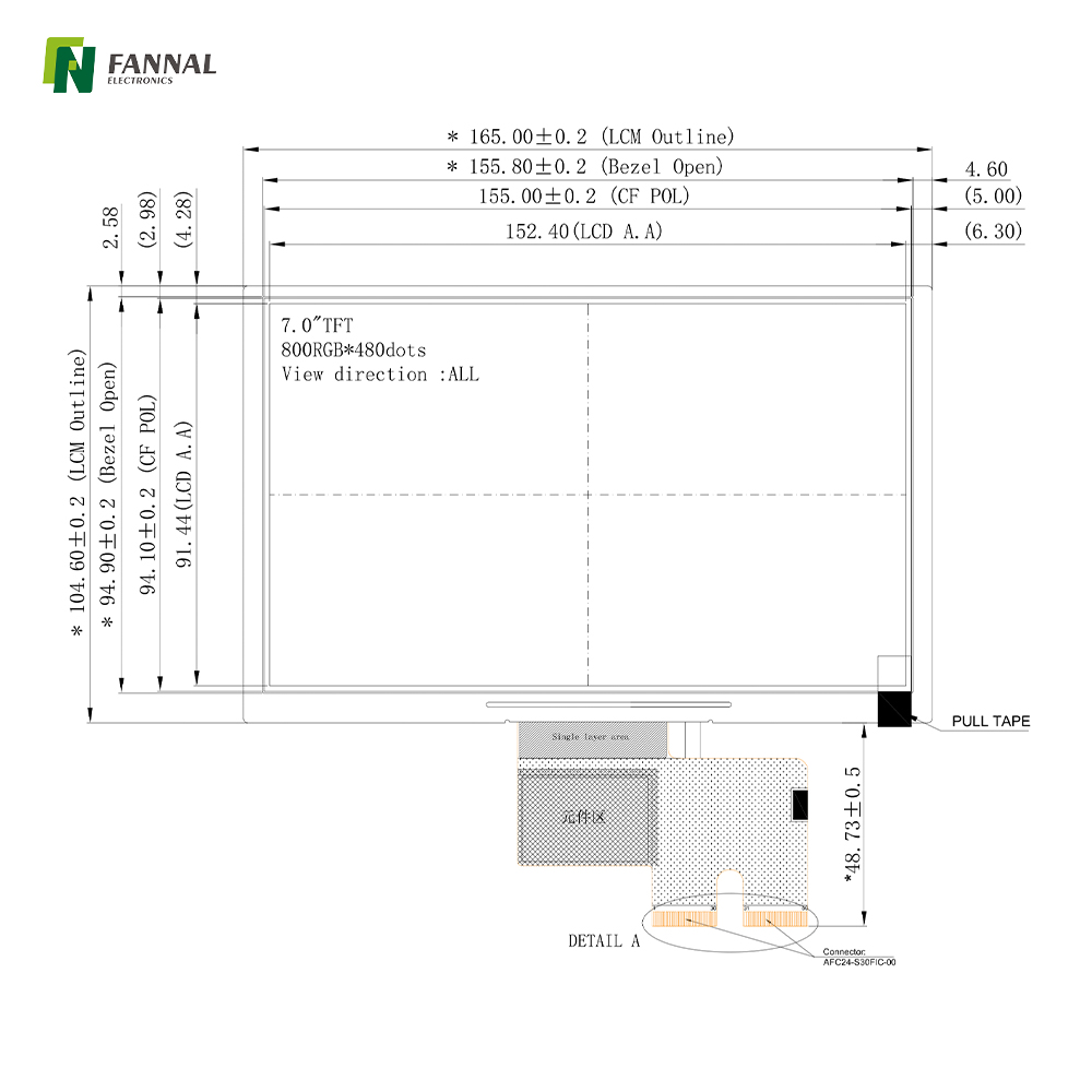 7-inch Industrial TFT LCD,800x480,400cd/m2,60PIN RGB