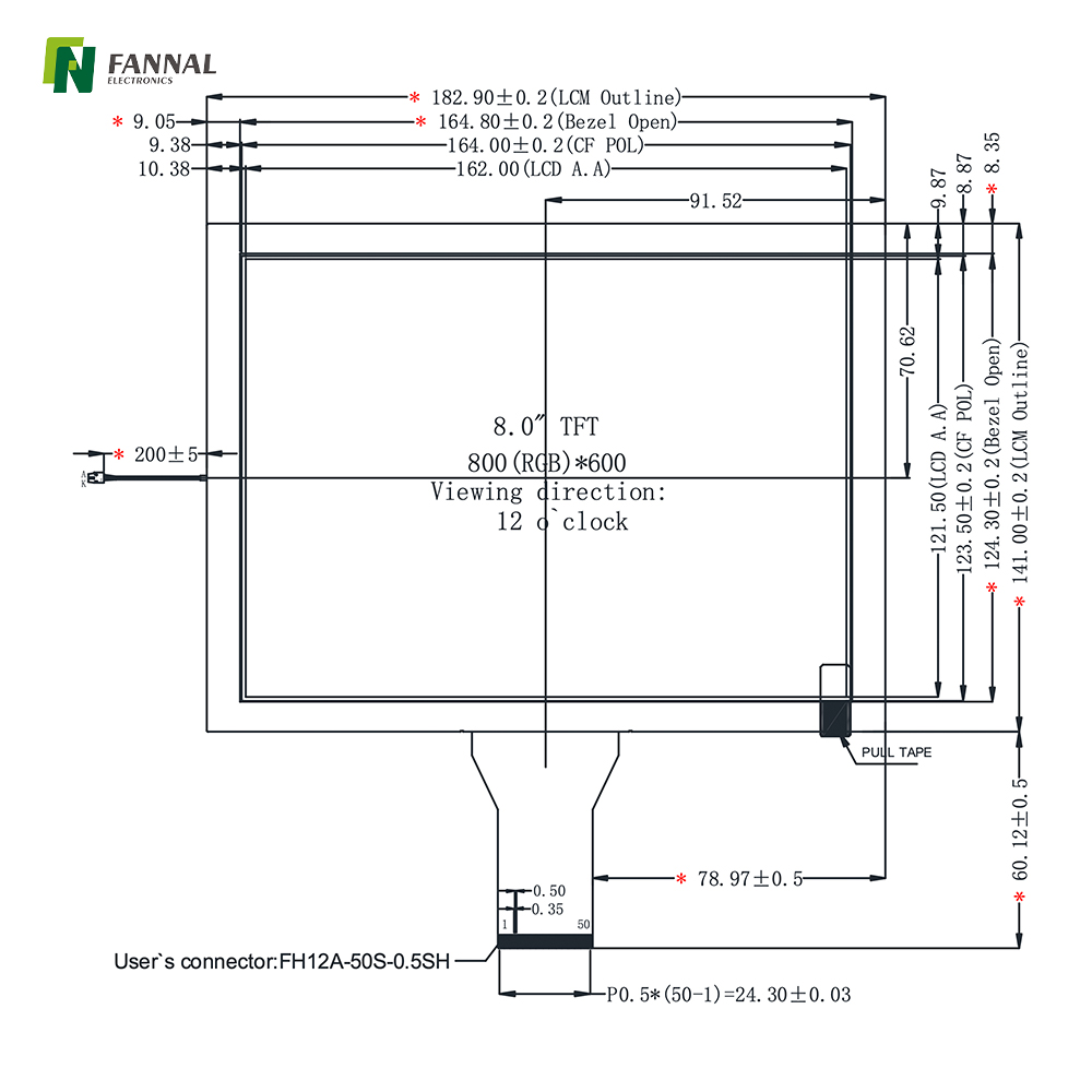 8-inch Industrial TFT LCD,800x600,300cd/m2,50PIN RGB