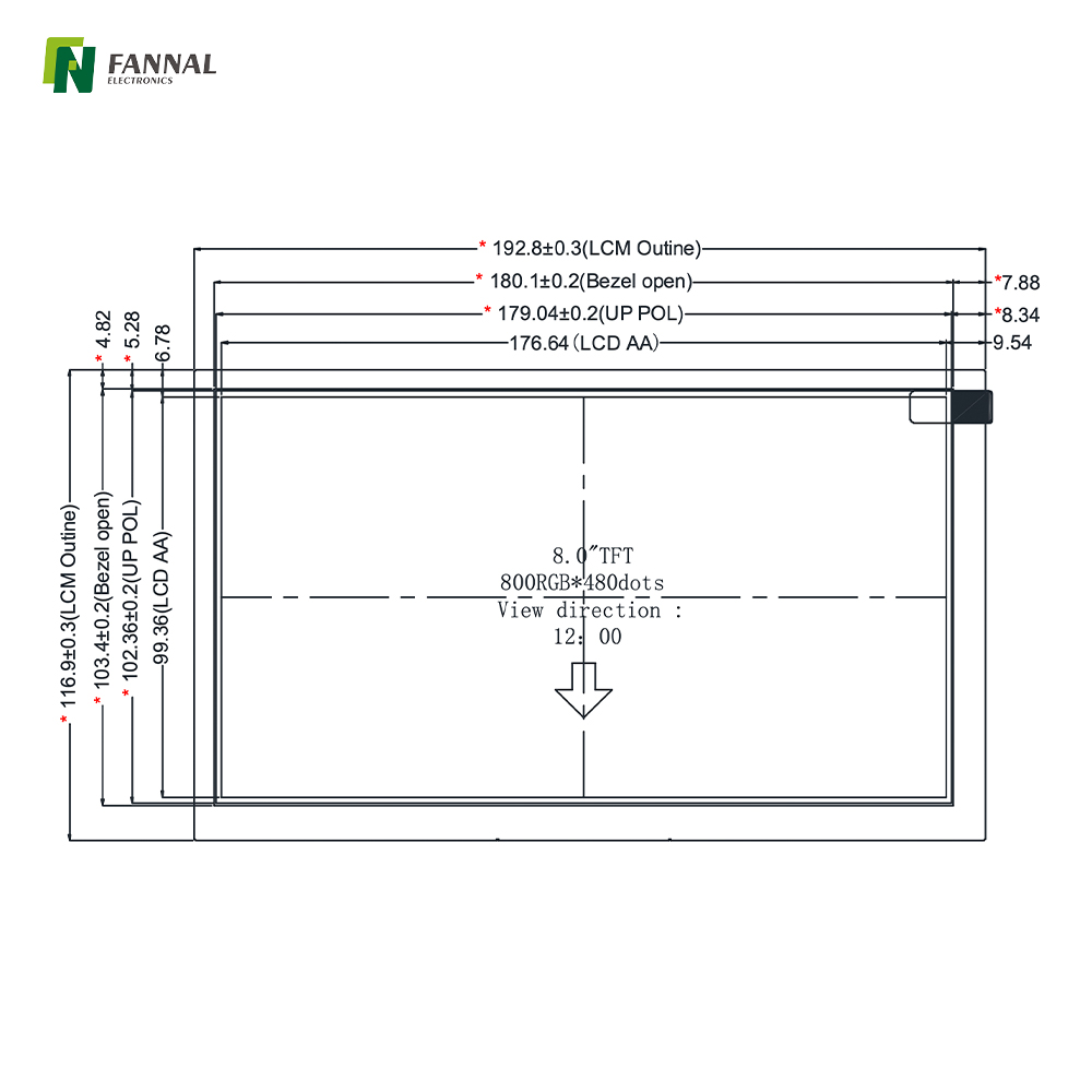 8-inch Industrial TFT LCD,800x480,400cd/m2,20PIN LVDS