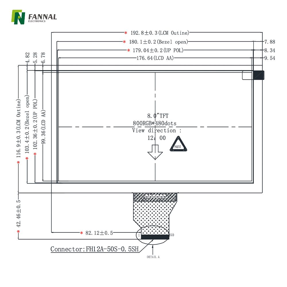 8-inch Industrial TFT LCD,800x480,500cd/m2,50PIN RGB