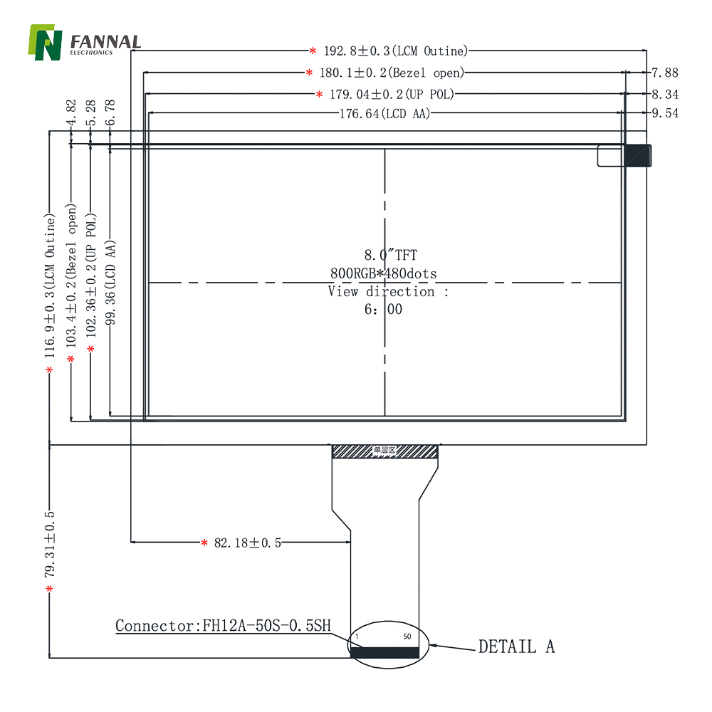 8-inch Industrial TFT LCD,800x480,500cd/m2,50PIN RGB