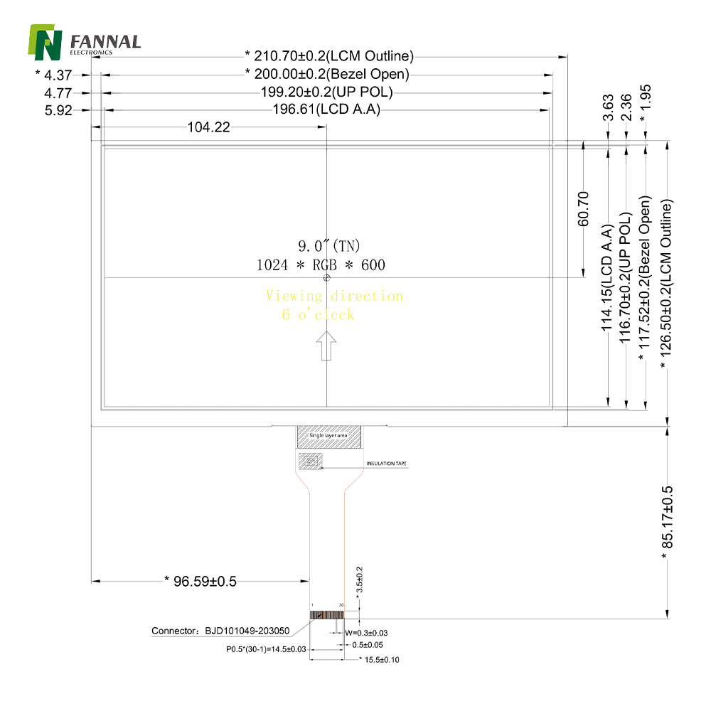 9-inch Industrial TFT LCD,1024x600,400cd/m2,30PIN MIPI 