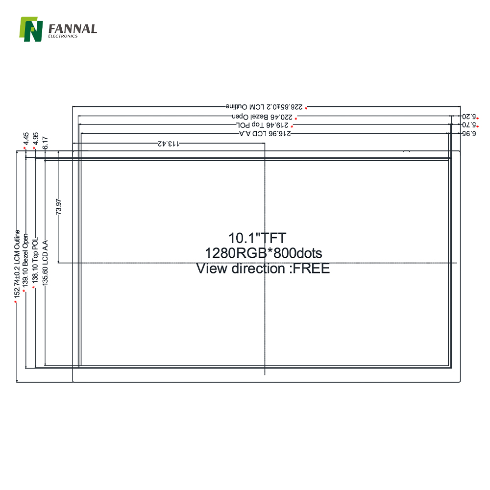 10.1-inch Industrial TFT LCD,1280x800,550cd/m2,40PIN LVDS 