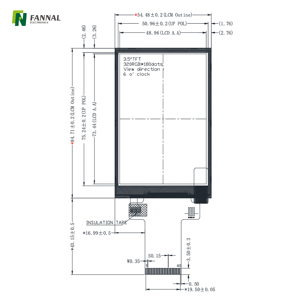3.5-inch Industrial TFT LCD,320x480,350cd/m2, 40PIN MCU/SPI 