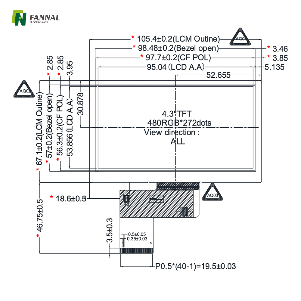 4.3-inch Industrial TFT LCD, 480x272, High Brightness ,800cd/m2, 40PINS RGB