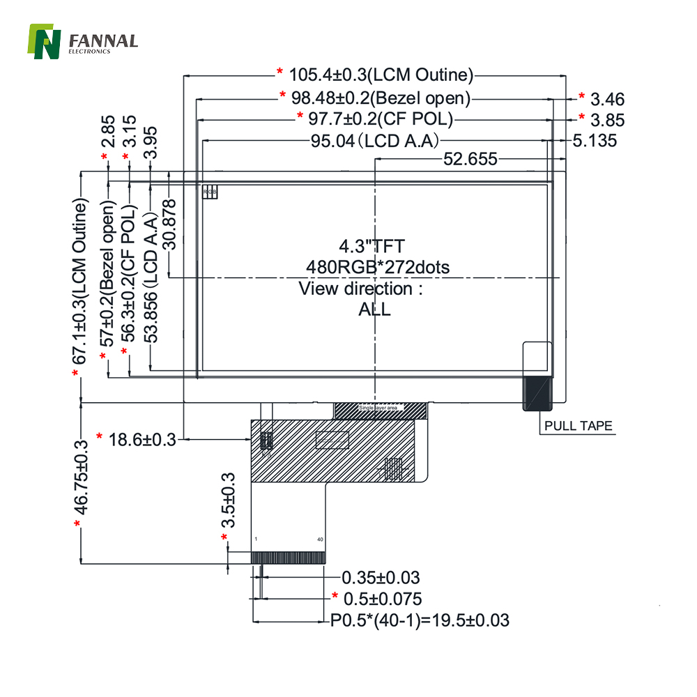 4.3-inch Industrial TFT LCD,480x272,500cd/m2, 40PIN RGB