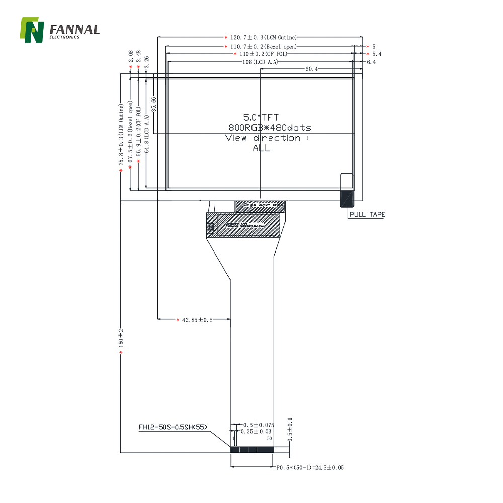 5-inch Industrial TFT LCD, 800x480, High Brightness ,800cd/m2, 40PINS RGB