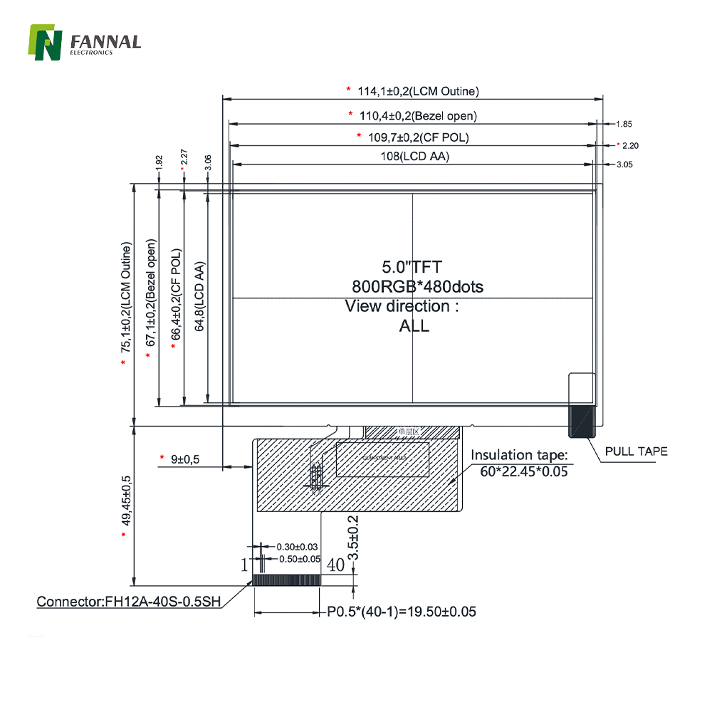 5-inch Industrial TFT LCD,800x480,500cd/m2, 40PIN RGB