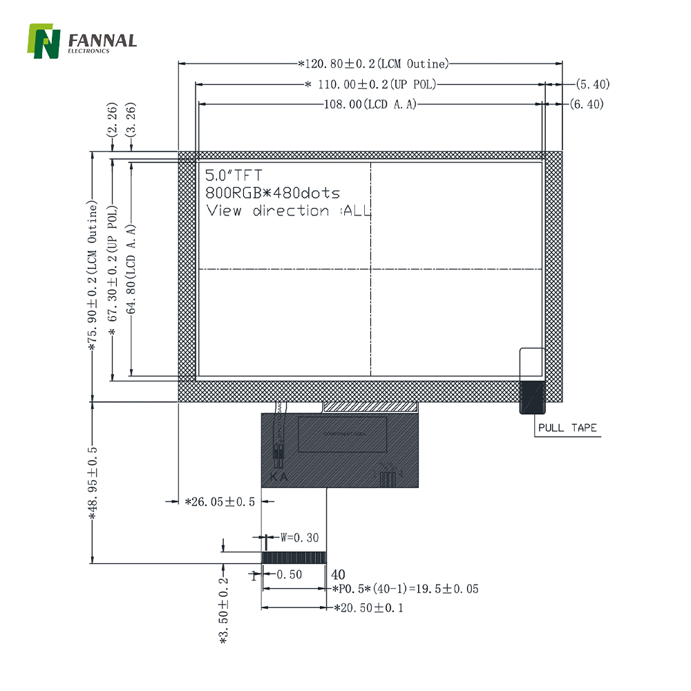 5-inch Industrial TFT LCD,800x480,500cd/m2,40PIN RGB
