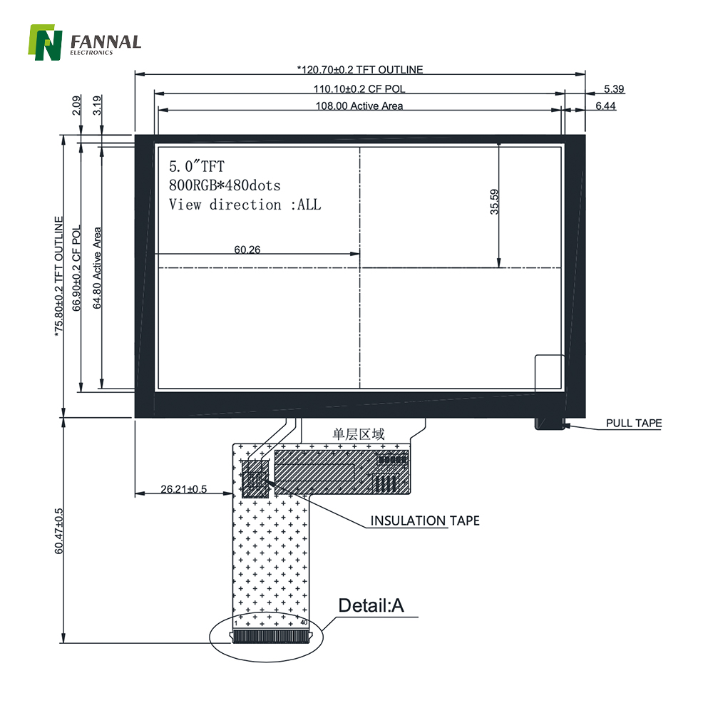 5-inch Industrial TFT LCD Resolution 800*480 Brightness 1000cd/m2 