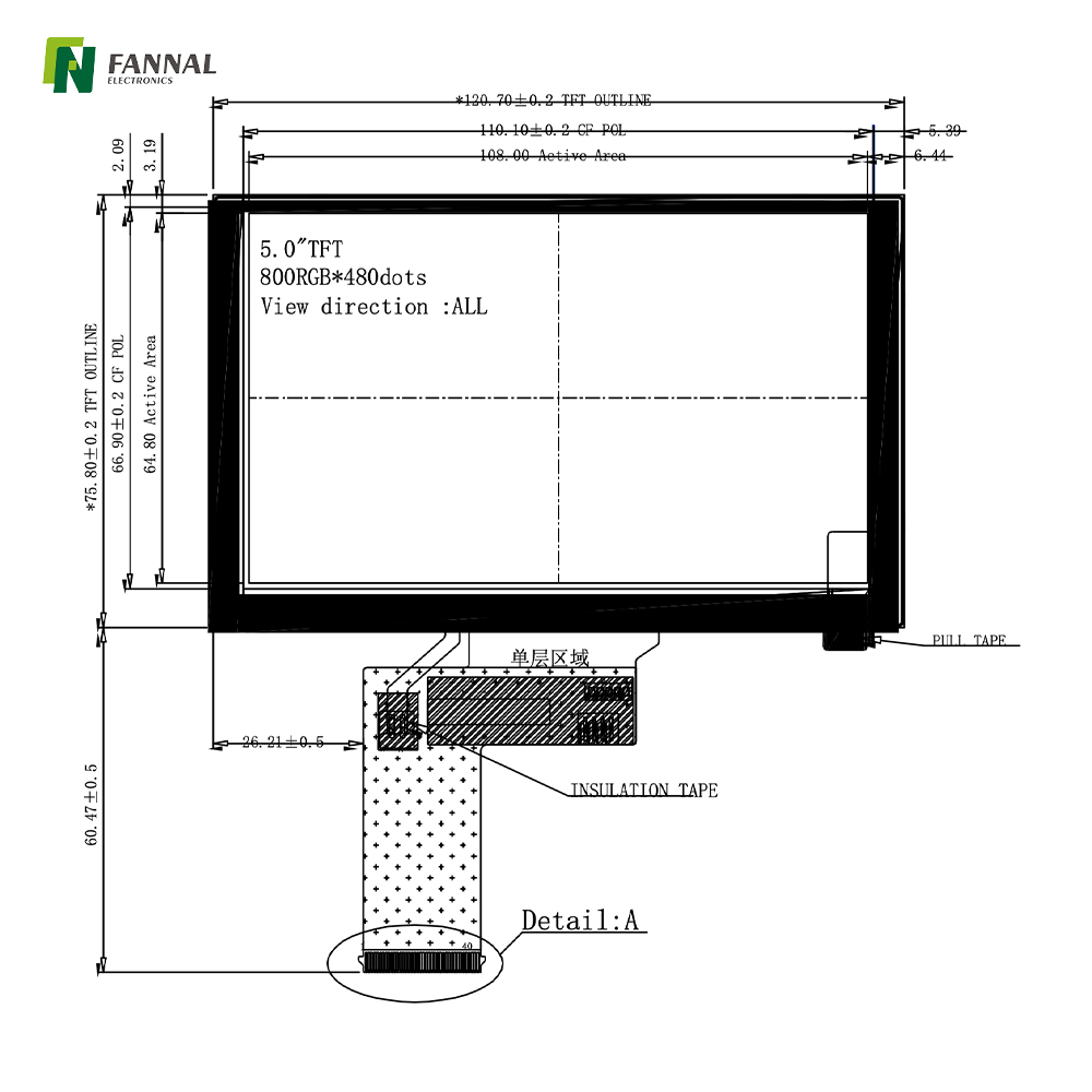 5-inch Industrial TFT LCD Resolution 800*480 Brightness 2000cd/m2 