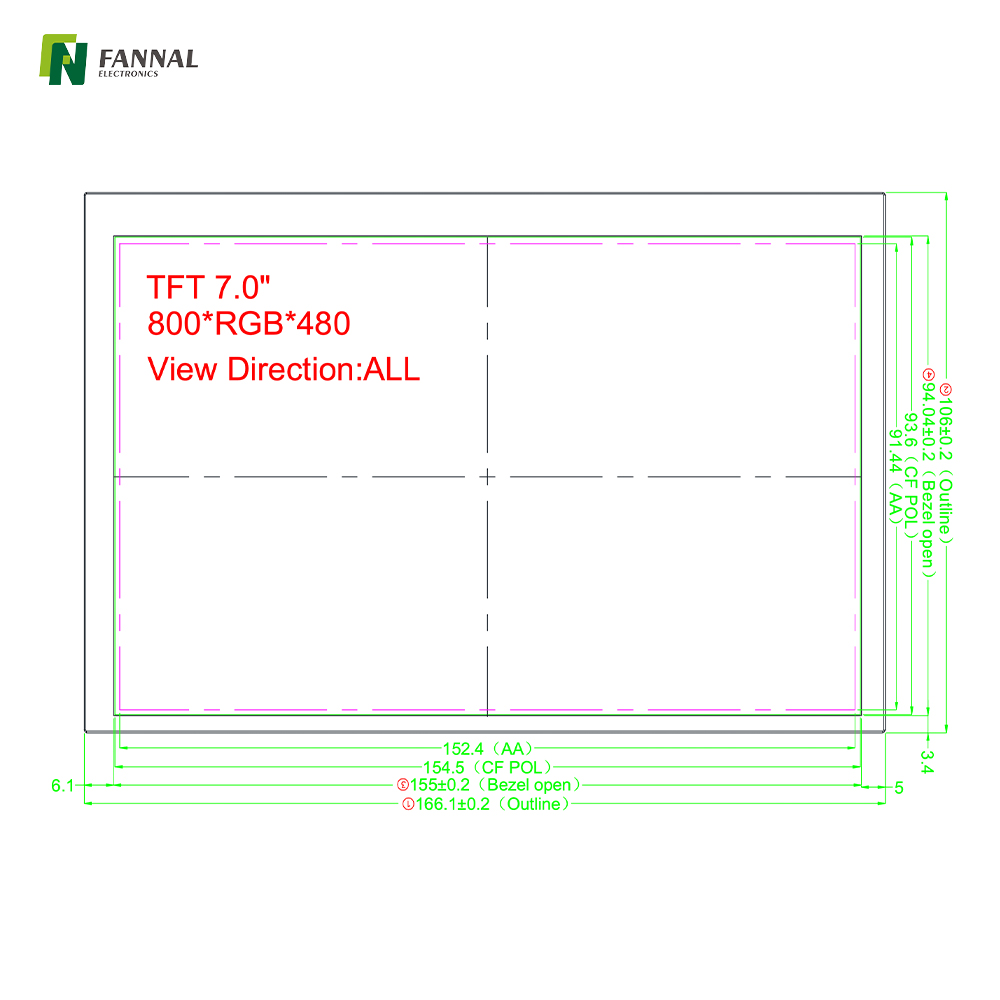 7-inch TFT LCD, 800x480, IPS LCD, 800cd/m², 60PINS, RGB