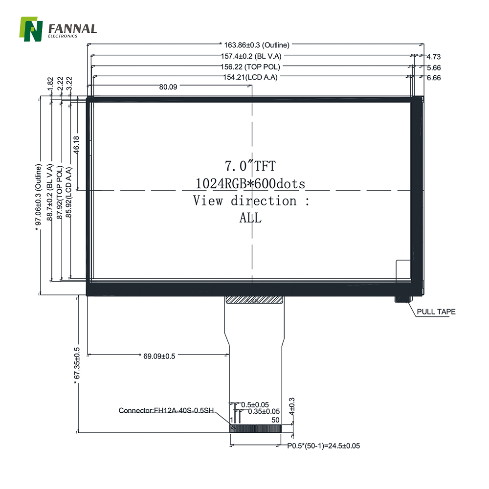 7-inch Industrial TFT LCD,1024x600,400cd/m2,50PIN RGB