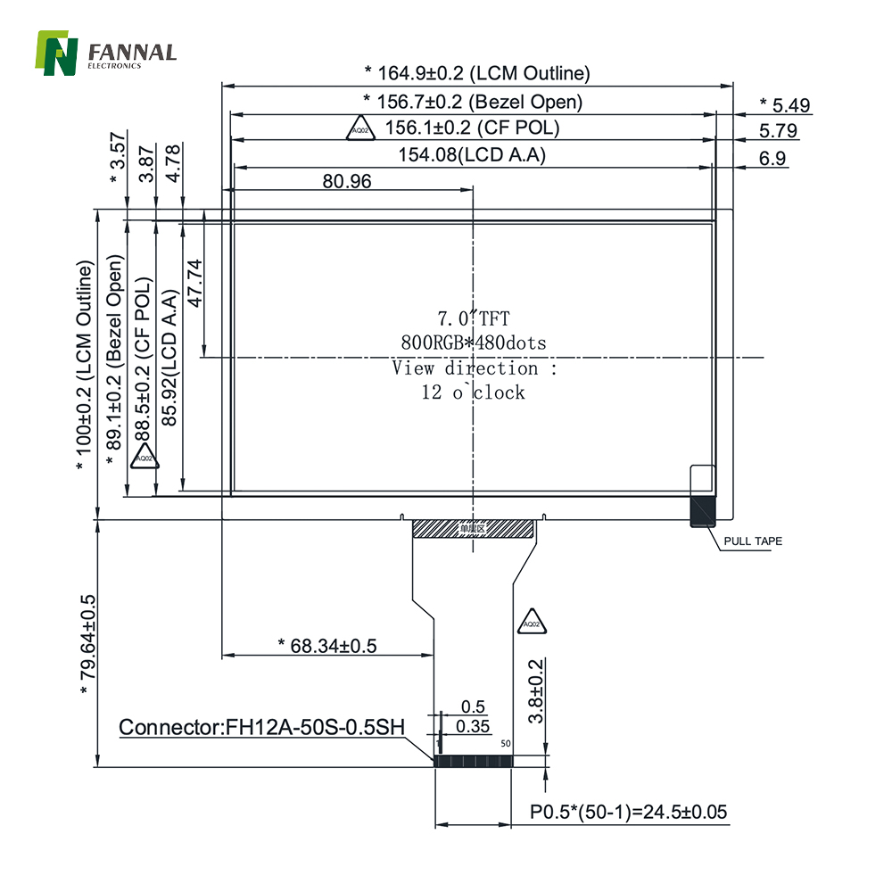 7.0-inch Industrial TFT LCD,800x480,450cd/m2,RGB 50