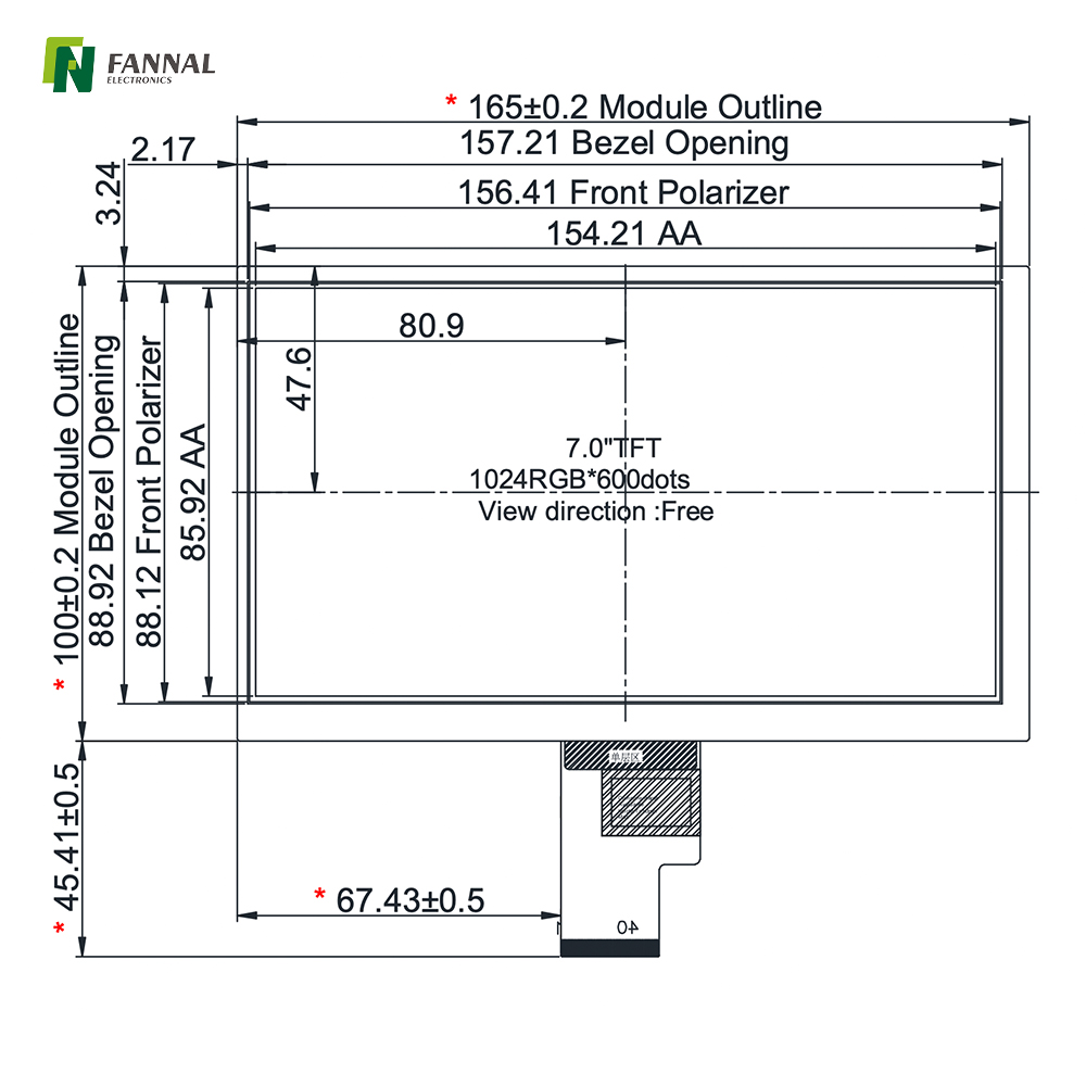 7-inch Industrial TFT LCD, 1024x600, High Brightness,1200cd/m2,40PINS LVDS