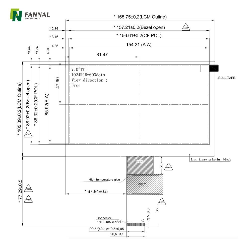 7-inch Industrial TFT LCD,1024x600,500cd/m2,40PIN LVDS