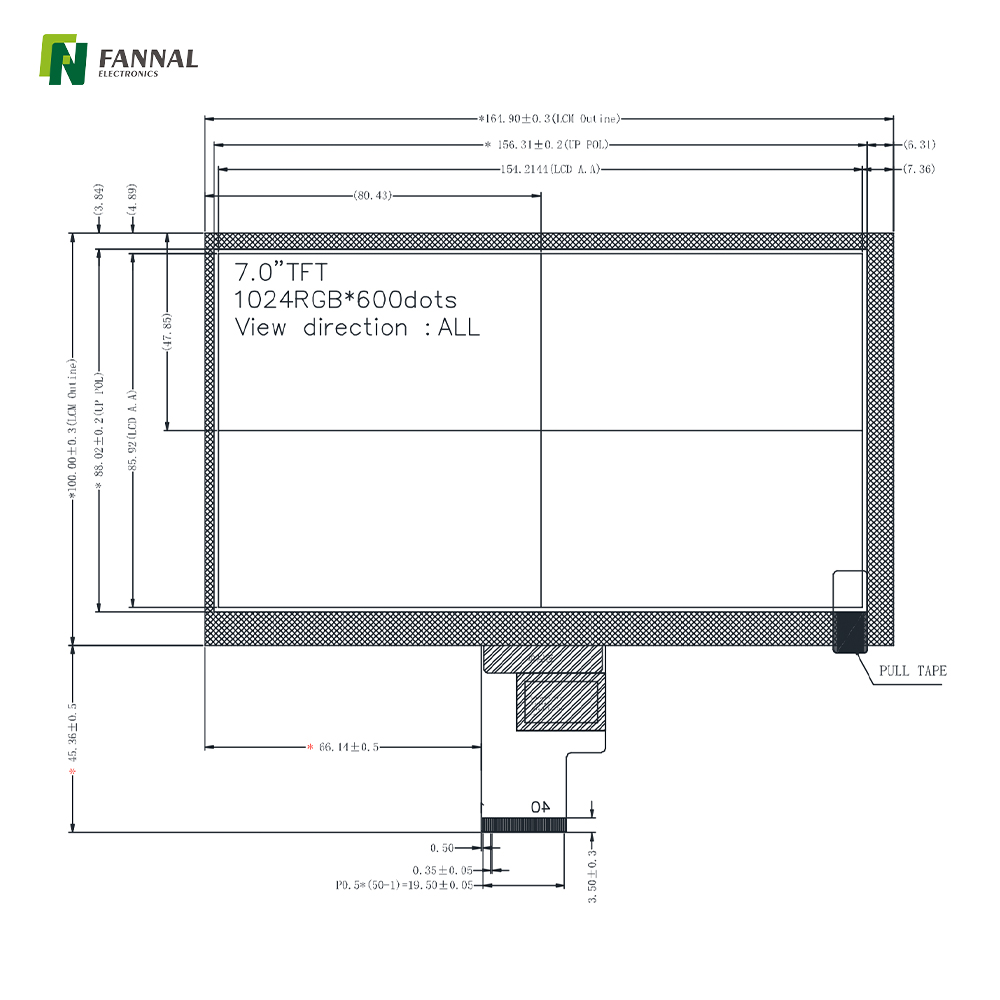 7-inch TFT LCD, 1024x600, IPS LCD, 1600cd/m², 40PINS,LVDS