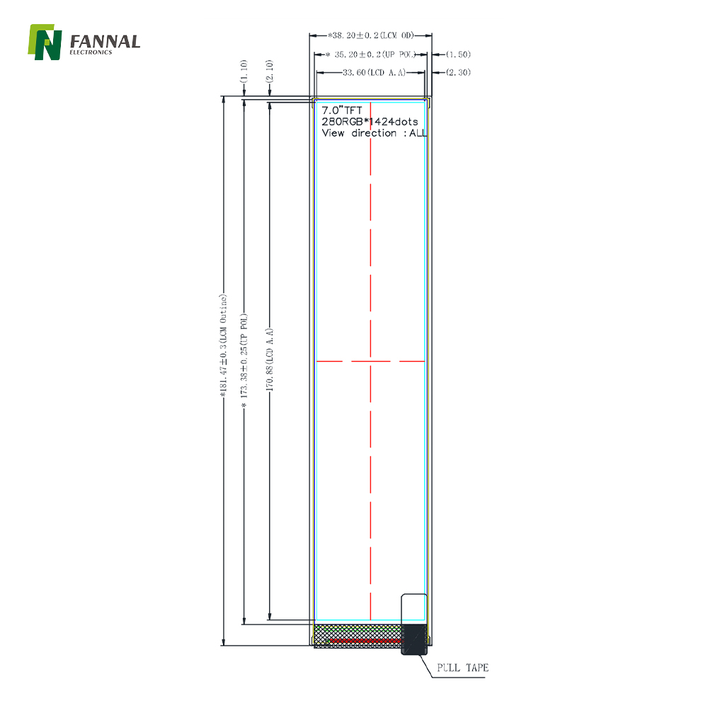 7-inch Industrial TFT LCD,280x1424,450cd/m2,30PIN MIPI