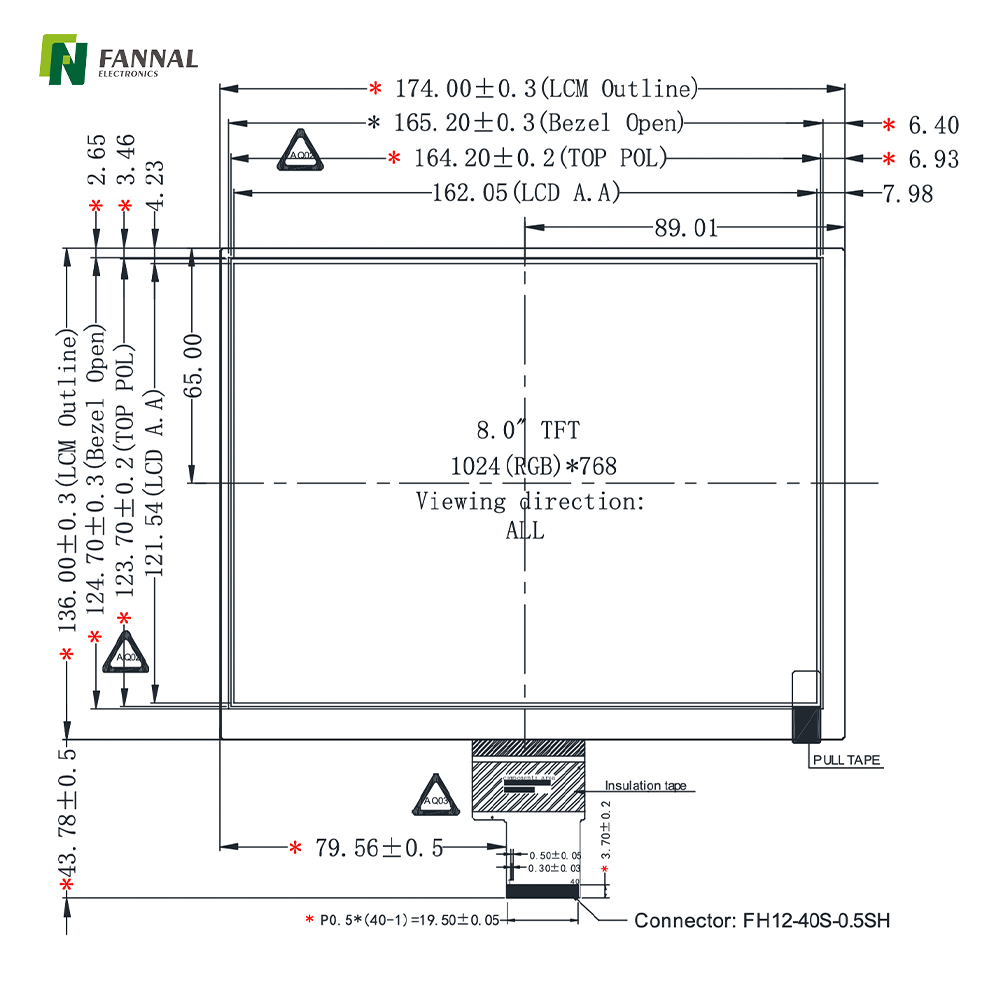 8-inch Industrial TFT LCD,1024x768,600cd/m2,40PIN LVDS