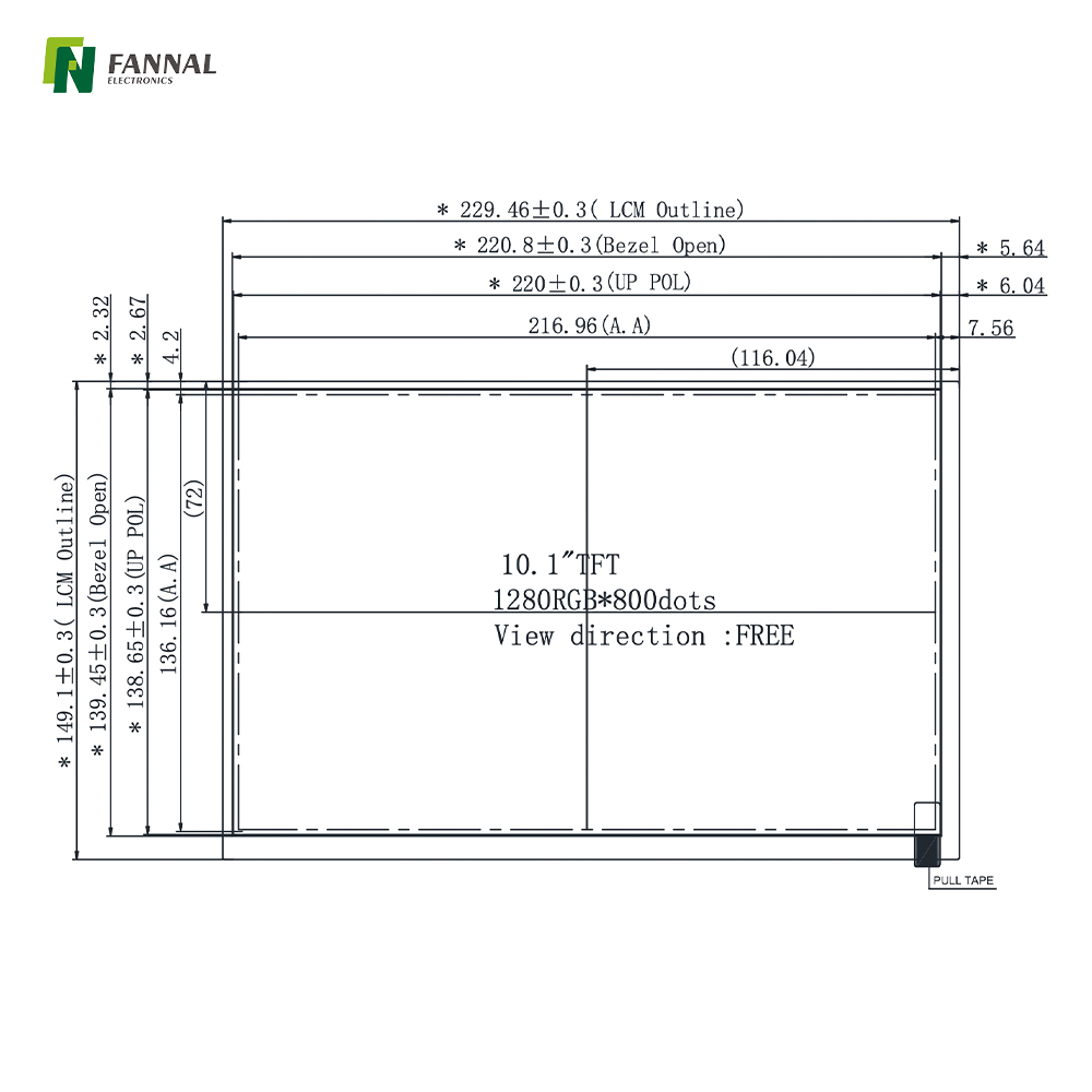 10.1-inch Industrial TFT LCD,1280x800, High Brightness ,1000cd/m2, 40PINS LVDS 