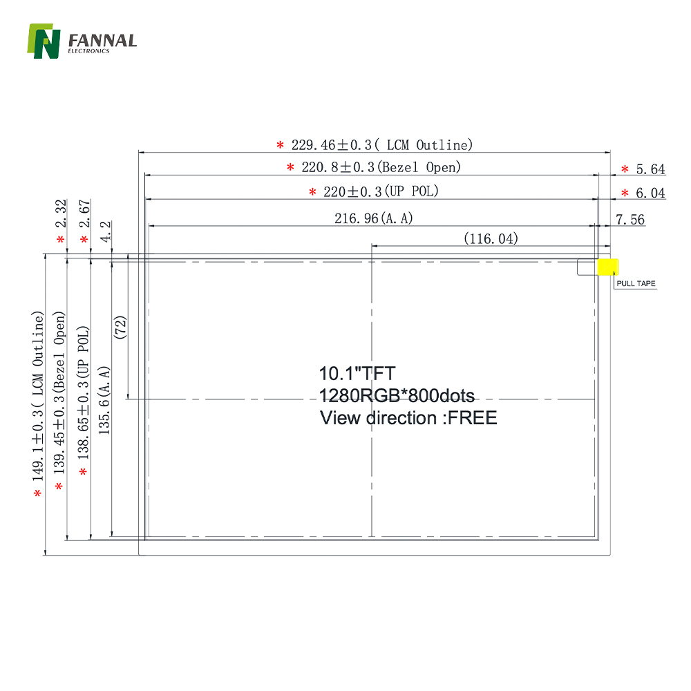 10.1-inch Industrial TFT LCD,1280x800, High Brightness ,1000cd/m2, 40PINS LVDS 