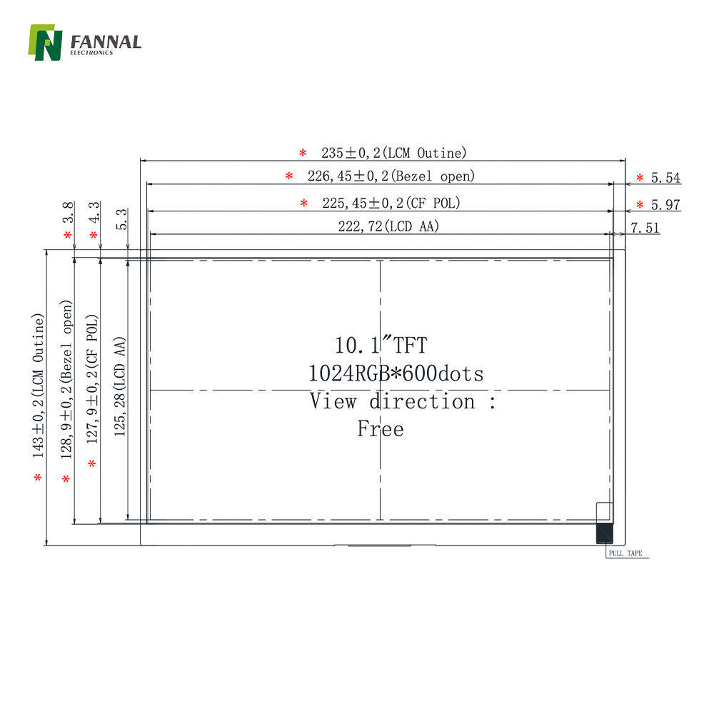 10.1-inch Industrial TFT LCD,1024x600,500cd/m2,40PIN LVDS 