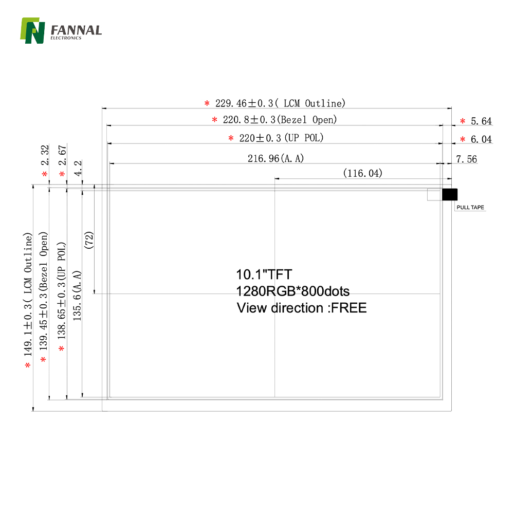 10.1-inch Industrial TFT LCD,1280x800,500cd/m2,30PIN LVDS 