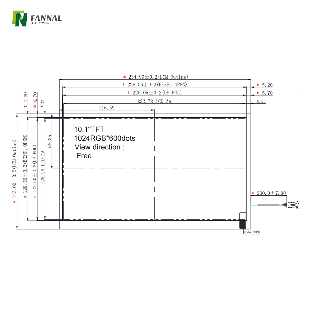 10.1-inch Industrial TFT LCD,1024x600,600cd/m2,40PIN LVDS 