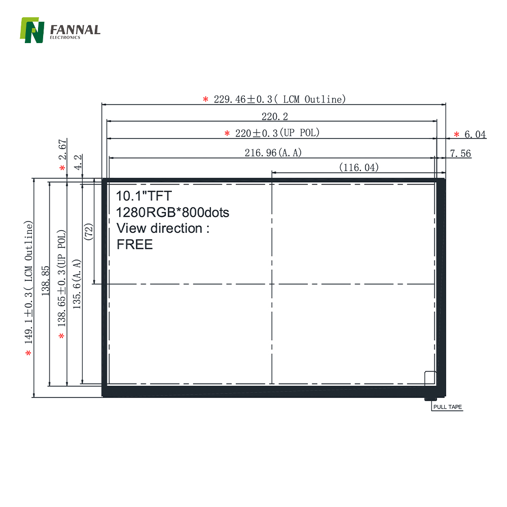 10.1-inch Industrial TFT LCD,1280x800, High Brightness ,1000cd/m2, 40PINS LVDS