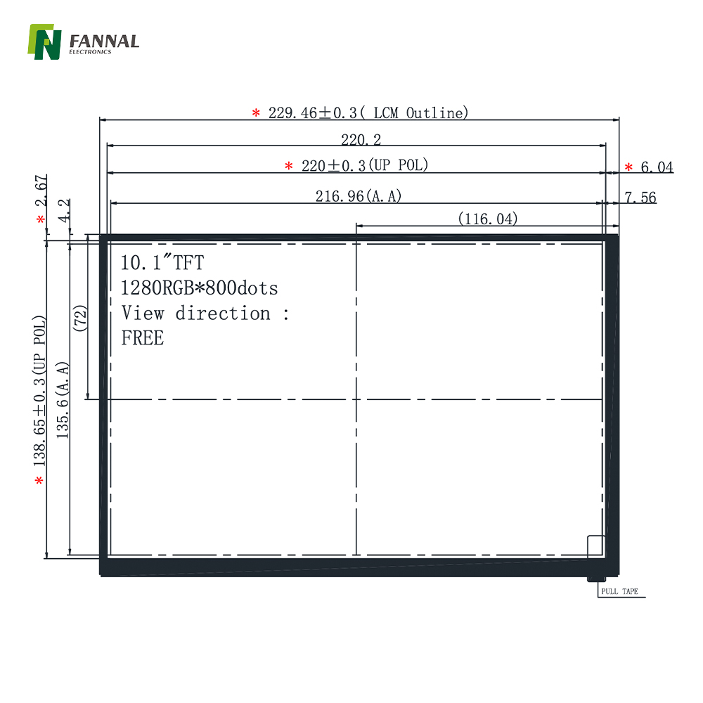 10.1-inch Industrial TFT LCD,1280x800,500cd/m2,40PIN LVDS 