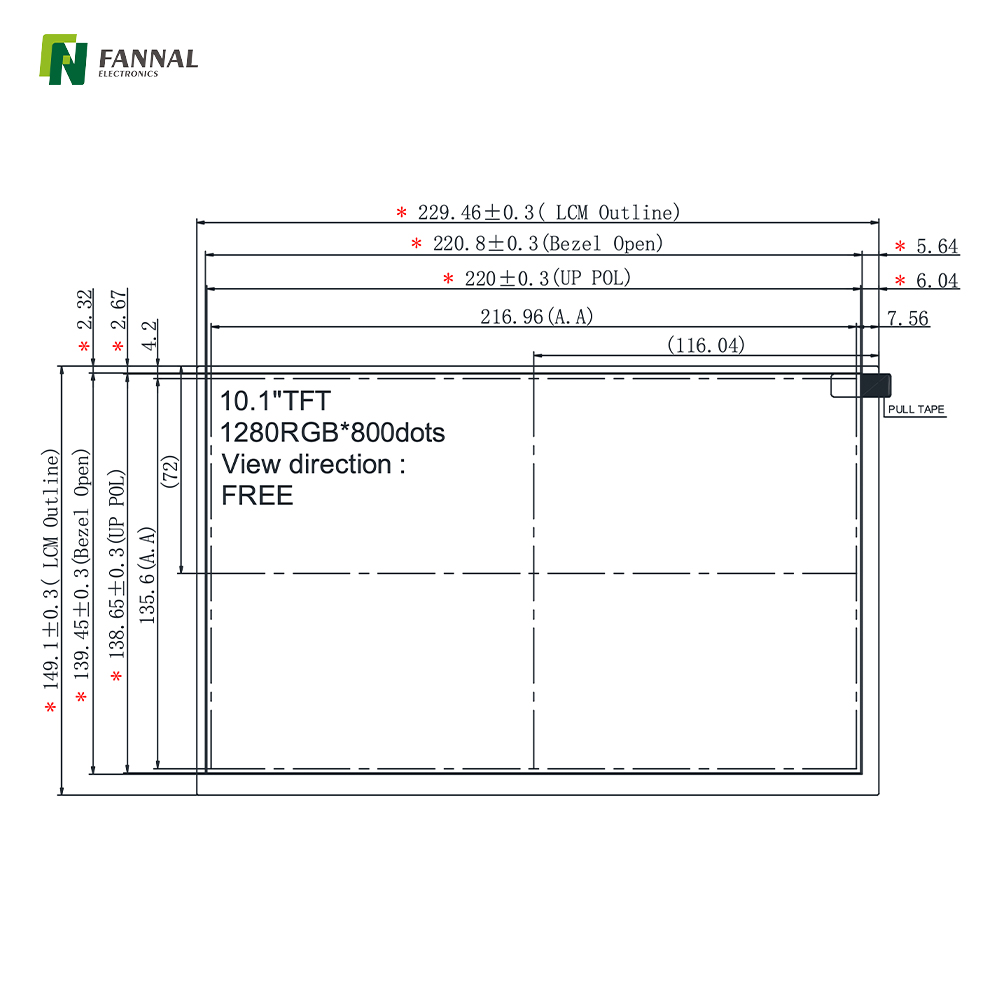 10.1-inch Industrial TFT LCD,1280x800, High Brightness ,1000cd/m2, 40PINS LVDS