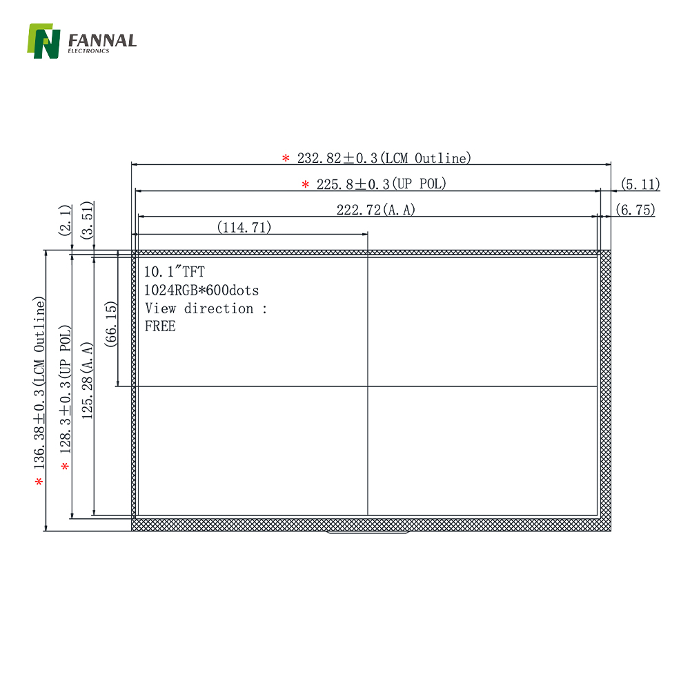 10.1-inch Industrial TFT LCD,1024x600,250cd/m2,40PIN LVDS 